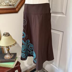 NWT Sunny Leigh Brown & Teal Swirly Whimsy Embroidered Cotton Midi Skirt 6/S